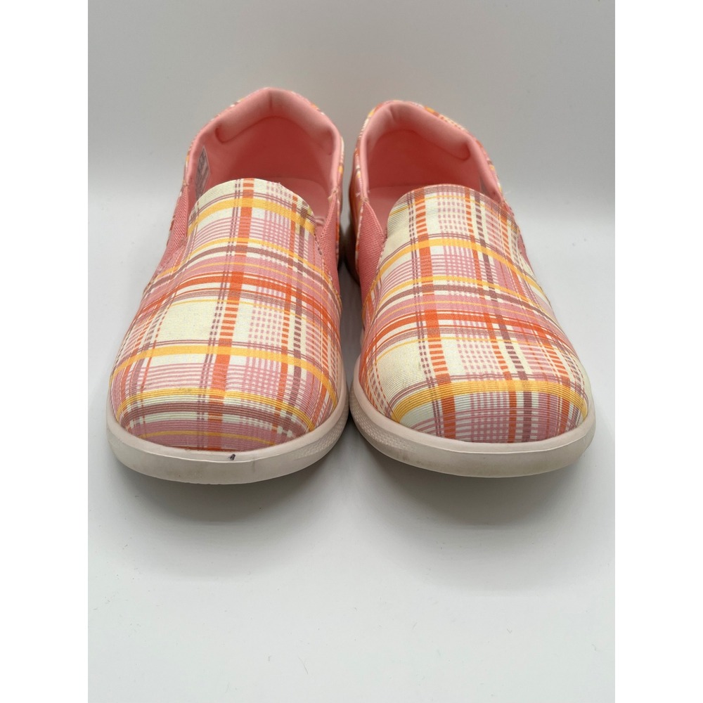 Skechers Go Walk Joy Women Sz 8 Pink Plaid Slip On Sneakers Goga Mat 136319 PKMT